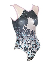 Sleeveless Gymnastics Leotard with stars and unicorn pattern in black, blue and pink