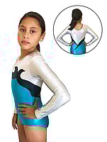 Long Sleeve Gymnastics Leotard in White Silver with Turquoise and Navy Blue and details