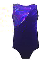 Sleeveless Gymnastics Leotard in Purple with upper right side in sequin and left in soft material with Silver sequin dots in detail