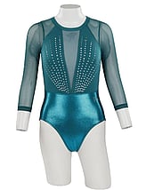 Long sleeve Gymnastics Leotard with Candy Pink sleeves and White curl on top chest and in Turquoise