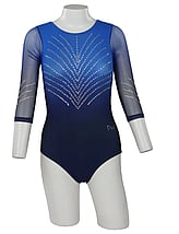 Long sleeve Gymnastics Leotard with the right sleeve White and left sleeve in Royal with Turquoise curls and leotard in Royal