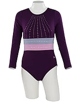 Long sleeve Gymnastics Leotard with Sleeves and neck in Yellow decorated with a White curl swirl and bottom half of leotard in Gunmetal