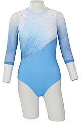 Long sleeve Gymnastics Leotard with Sleeves and neck in Yellow decorated with a White curl swirl and bottom half of leotard in Gunmetal