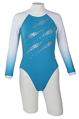 Long sleeve Gymnastics Leotard with Sleeves and neck in Yellow decorated with a White curl swirl and bottom half of leotard in Gunmetal