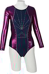 Long sleeve Gymnastics Leotard with Candy Pink sleeves and White curl on top chest and in Turquoise