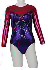 Long sleeve Gymnastics Leotard with Sleeves and neck in Yellow decorated with a White curl swirl and bottom half of leotard in Gunmetal