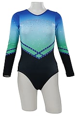 Long sleeve Gymnastics Leotard with Candy Pink sleeves and White curl on top chest and in Turquoise