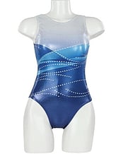 Sleeveless Gymnastics Leotard with butterfly pattern on front in purple, silver, blue, pink and white metallic fabric
