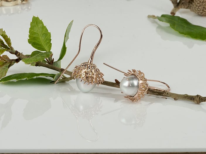 Red gold cork oak acorn earrings with Australian South Sea pearls - Gold Acorn earrings