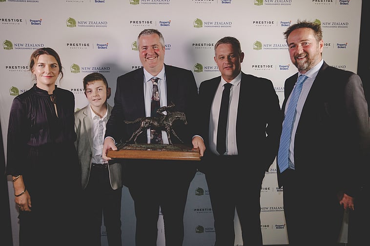 2024-25 Horse of the Year - Ka Ying Rising - From left: Erin, Milton and Fraser Auret of Grandmoral Lodge with sponsors Chris Moore and David McGuire of Property Brokers