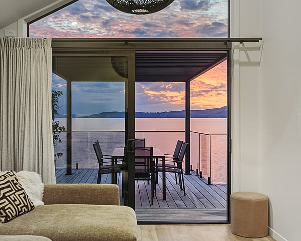 Sunset view of Lake Taupo from unit 4 at Roam Taupo