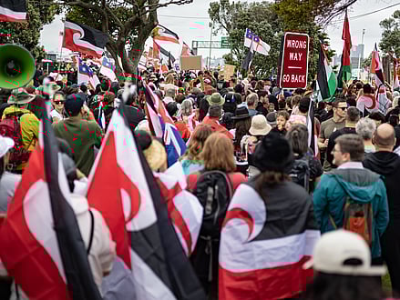 Protestors at the 2024 Hikoi across Auckland Harbour Bridge, with tino rangatiratanga flags