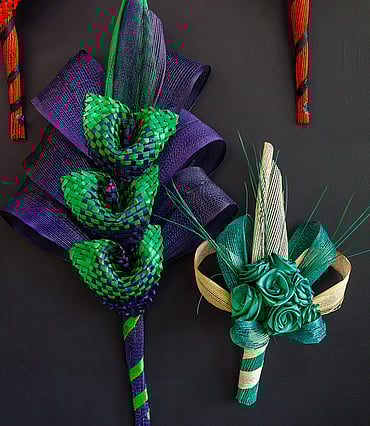 Colourful hand-made woven flax Harakeke bouquets