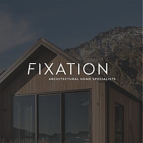 The Fixation Builders logo overlaid over an image of their award winning home in Jacks Point.