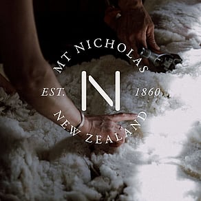 The Mount Nicholas logo overlaid over a picture of a shepherd mustering sheep down a hillside.