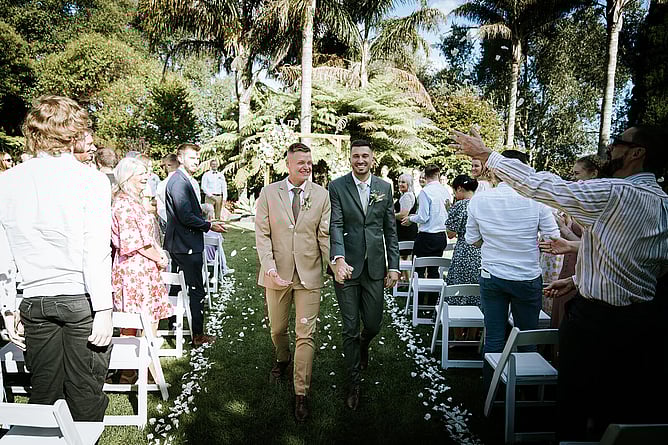 Gay wedding ceremony in Kumeu at Markovina Estate
