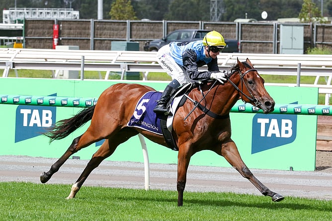 Satono Glow powers to victory in the Gr.3 TBV Thoroughbred Breeders’ Stakes (1200m) at Flemington on Saturday. - Photo: Bruno Cannatelli