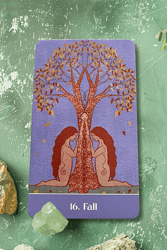 The Fall Card number 16 from the Sacred Cycles Oracle by Jill Pyle on a moss and gem background