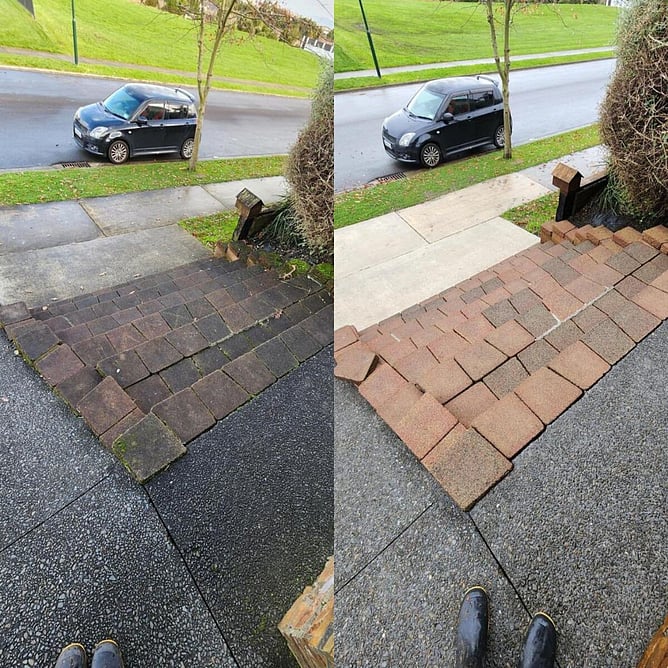 before and after pictures of steps being cleaned by Dry Gutts