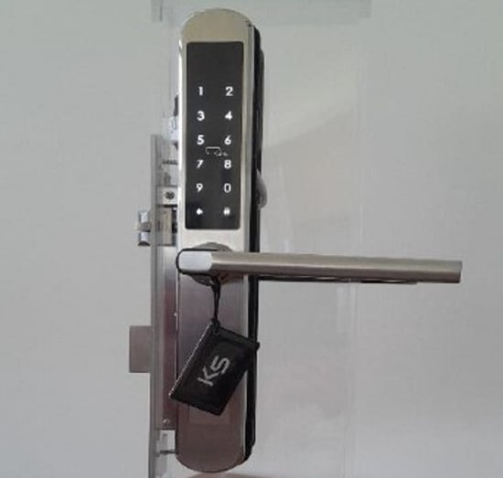 The Doorbot Digital Electronic Deadolt installed on a black door with a furnished living room in the background.