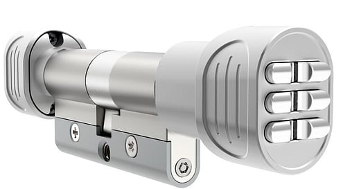 A photo of a chrome pin Euro cylinder (EPEC) that can replace an existing cylinder.