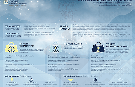 RACP Māori Health Committee Strategy infographic showing vision, mission and kete priorities with icons and guiding values on blue background