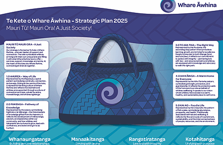 Te Kete o Whare Āwhina Strategic Plan 2025 infographic with woven kete design and sections on values, goals and priorities