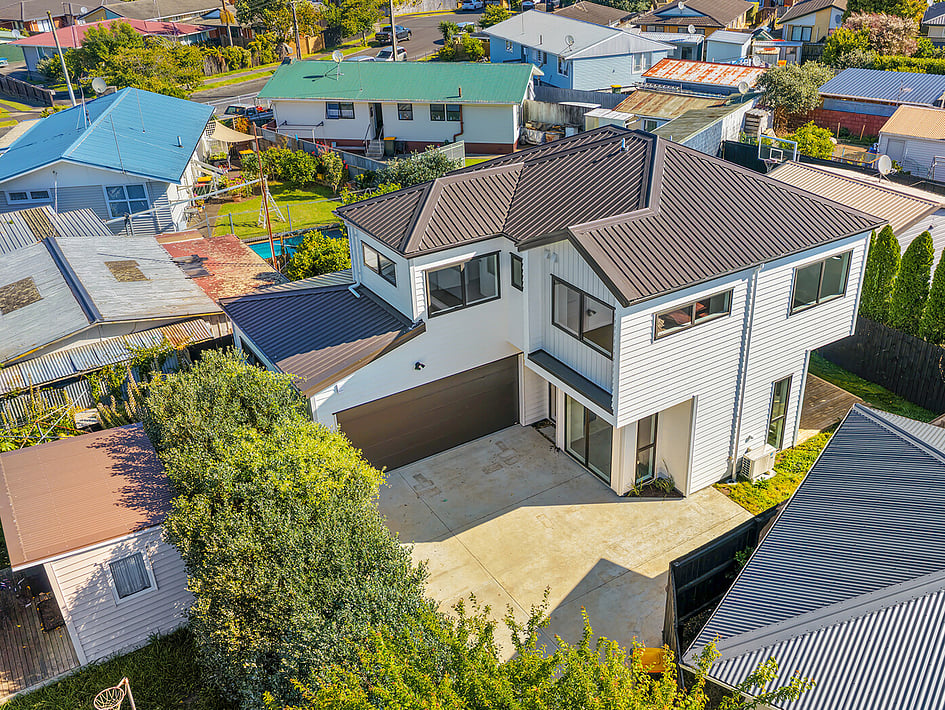 Close up view of Eden Construction&rsquo;s new build house on Mountain Road, Mangere Bridge, Auckland.