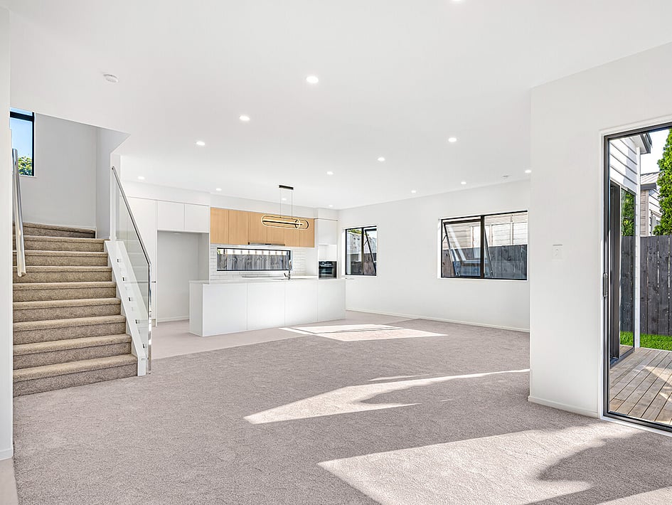 Living and kitchen view of Eden Construction&rsquo;s new build house on Mountain Road, Mangere Bridge, Auckland.