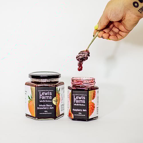 Two jars of Lewis Farms jam