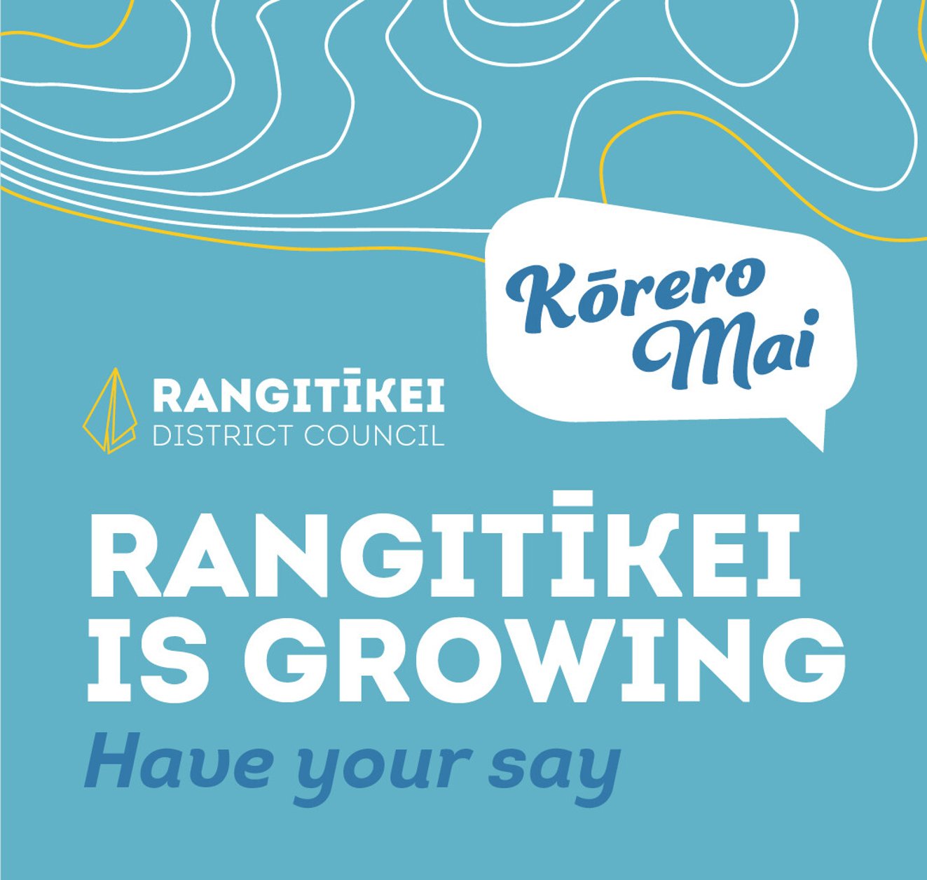 Topographical lines and a speech bubble 'Kōrero Mai' with Rangitīkei District Council logo
