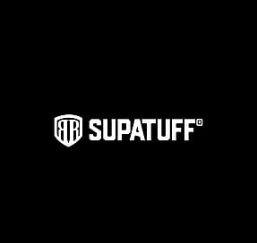 Supatuff logo - white on black background
