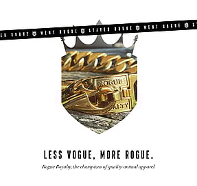 Rogue Royalty social media ad tile with gold chain inside silhouette of logomark