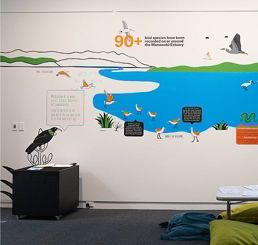 Kororī Kororā exhibition infographic wall left