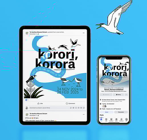 Mock up of social media graphics on ipad and iphone for Kororī Kororā exhibition