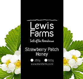 Lewis Farms strawberry honey graphic showing strawberry flowers