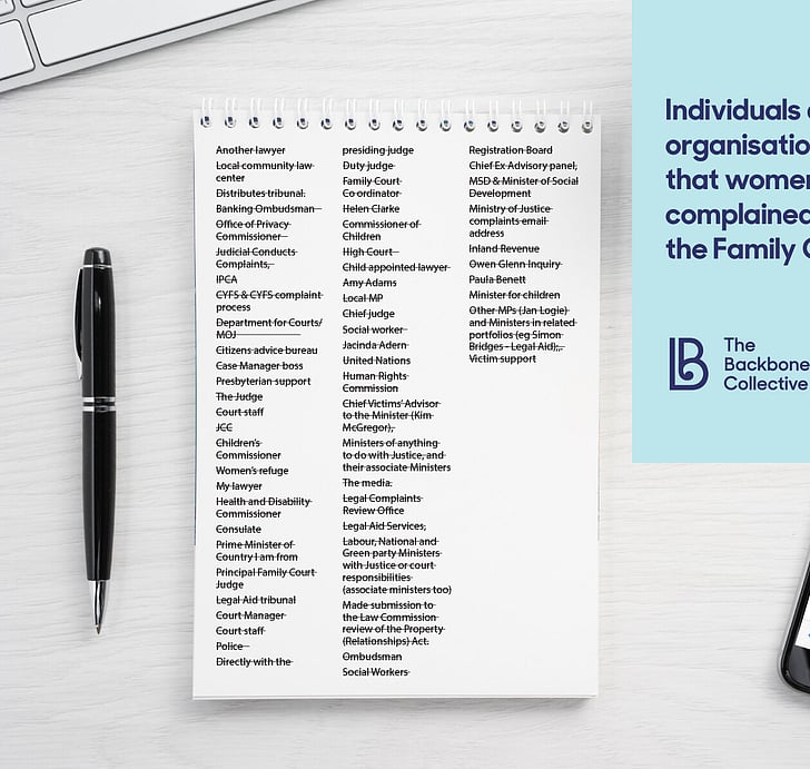 Infographics showing the organisations that women have complained to about the family court in NZ