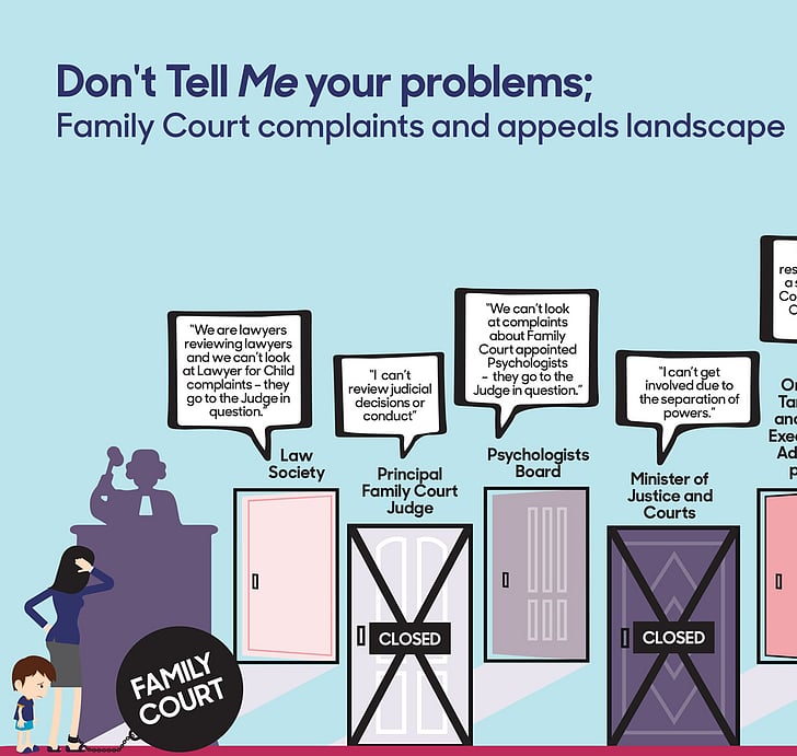 Infographics showing all the doors that shut in womens faces when they try to complain about the NZ family court