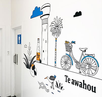 Illustrations in a corridor of the dutch oven cafe