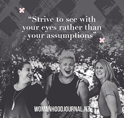 Photograph of three Womanhood Journal creators with a quote above