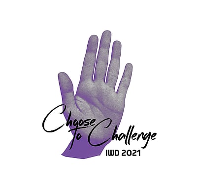 purple hand with the 'choose to challenge' 2021 theme written across