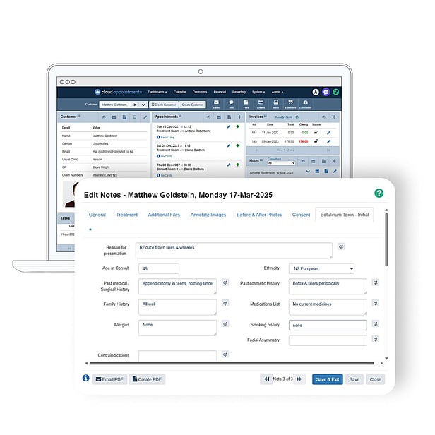 Notes templates for cosmetic medicine treatments