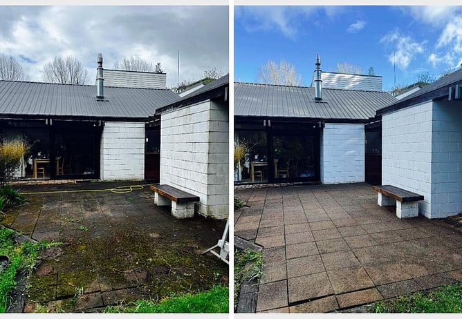 house before and after photo with moss and grime removed