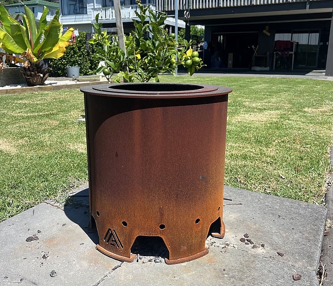 Corten smoke-less firepit built to withstand the outdoors