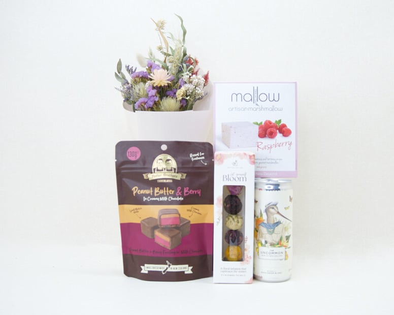 DRIED FLOWERS, CHOCOLATES, AND WINE CAN