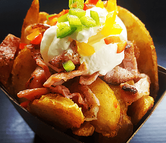 WORM WEDGES  - Seasoned Wedges, Bacon Bits, Sour Cream/Garlic Aoili & Salsa