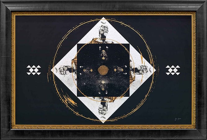 Circling the Square original painting by Sofia Minson, four-sided mandala with Māori male and female portraits and Flower of Life geometry, original New Zealand painting for sale