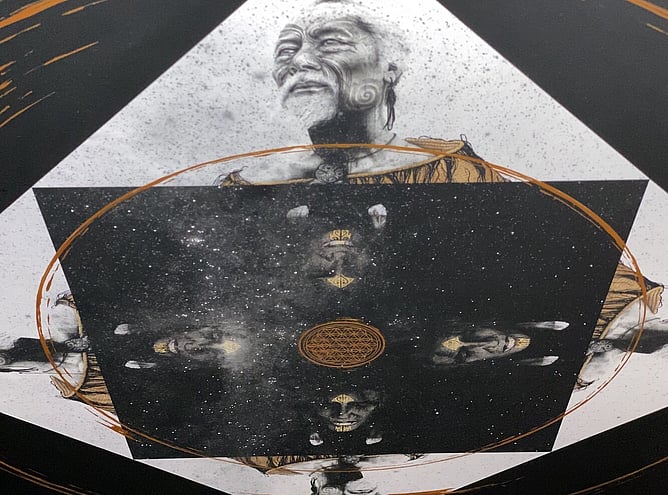 Detail of Circling the Square by Sofia Minson, sacred geometry and ancestral Māori portraiture fused in large scale original New Zealand painting