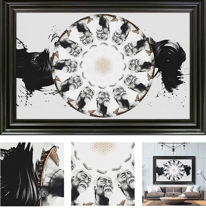 Twelve Heavens original painting by Sofia Minson, full view of twelve-sided mandala portrait of Ranginui with sacred geometry and huia feathers, original New Zealand painting for sale