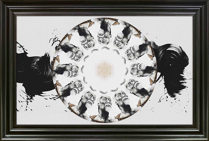 Twelve Heavens original painting by Sofia Minson, full view of twelve-sided mandala portrait of Ranginui with sacred geometry and huia feathers, original New Zealand painting for sale